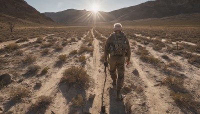 solo,short hair,gloves,1boy,holding,standing,jacket,weapon,white hair,male focus,boots,outdoors,pants,fingerless gloves,from behind,gun,military,military uniform,sunlight,scenery,rifle,walking,science fiction,brown jacket,rock,mountain,sand,sun,brown pants,dirty,desert,footprints,long sleeves,sky,day,water,bag,uniform,backpack,helmet,reflection,facing away,landscape,mountainous horizon,soldier,sunrise