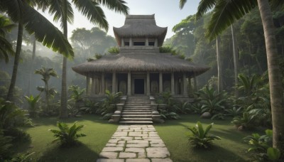 outdoors,sky,day,tree,no humans,sunlight,grass,plant,building,nature,scenery,forest,stairs,palm tree,bush,shade,architecture,east asian architecture,path,stone stairs,cloud,blue sky,shrine