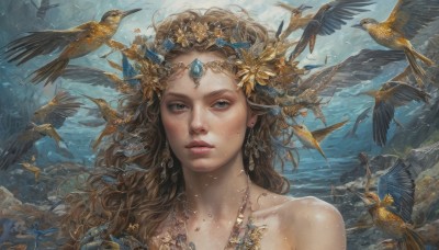 1girl,solo,long hair,looking at viewer,blue eyes,blonde hair,brown hair,hair ornament,bare shoulders,jewelry,collarbone,upper body,flower,sweat,earrings,outdoors,parted lips,hair flower,water,necklace,lips,grey eyes,bird,animal,wavy hair,feathers,portrait,freckles,fish,circlet,realistic,floating hair,gem,nature,curly hair,crow,flock