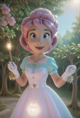 1girl,solo,looking at viewer,smile,short hair,open mouth,gloves,dress,holding,brown eyes,jewelry,standing,pink hair,flower,short sleeves,:d,earrings,outdoors,sky,teeth,day,puffy sleeves,artist name,white gloves,necklace,white dress,blurry,tree,puffy short sleeves,lips,eyelashes,makeup,depth of field,blurry background,blue dress,leaf,watermark,happy,sunlight,plant,lipstick,gem,nature,web address,pendant,forest,backlighting,lantern,sun,branch,hair ornament,purple hair,heart,belt,grass,realistic,wand