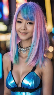 1girl,solo,long hair,breasts,looking at viewer,smile,open mouth,bangs,dress,cleavage,bare shoulders,brown eyes,jewelry,medium breasts,blue hair,upper body,pink hair,multicolored hair,small breasts,teeth,choker,necklace,grin,blurry,black eyes,two-tone hair,lips,gradient hair,makeup,blurry background,realistic,nose,collarbone,parted lips,belt,mole,fangs,watermark,mole on breast