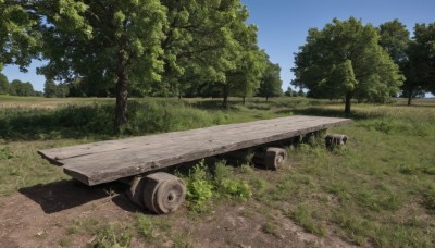 outdoors,sky,day,cloud,tree,blue sky,no humans,grass,ground vehicle,nature,scenery,motor vehicle,forest,road,bush,vehicle focus,path,realistic,car,log,tire