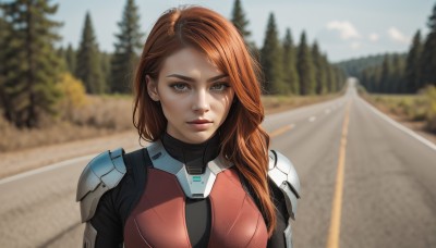 1girl,solo,long hair,looking at viewer,brown hair,brown eyes,closed mouth,upper body,outdoors,day,orange hair,armor,blurry,tree,lips,bodysuit,depth of field,blurry background,freckles,science fiction,realistic,nose,straight-on,sky,shoulder armor,nature,road,shoulder pads