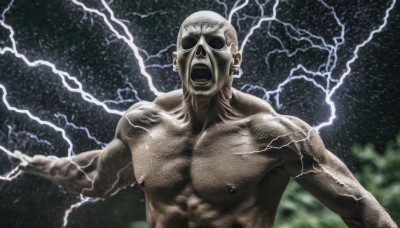 solo,open mouth,1boy,nipples,upper body,male focus,teeth,muscular,parody,abs,outstretched arms,pectorals,muscular male,veins,topless male,realistic,electricity,bald,manly,no pupils,lightning,blurry,blurry background,horror (theme)