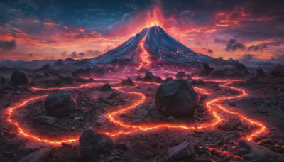 outdoors, sky, cloud, no humans, cloudy sky, scenery, rock, mountain, lightning, molten rock