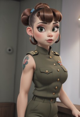 1girl,solo,breasts,looking at viewer,blush,smile,short hair,bangs,brown hair,shirt,hair ornament,bare shoulders,jewelry,medium breasts,green eyes,cowboy shot,earrings,parted lips,sleeveless,belt,pants,indoors,hair bun,blurry,uniform,lips,military,eyelashes,sleeveless shirt,double bun,military uniform,tattoo,makeup,buttons,blurry background,single hair bun,thick eyebrows,lipstick,freckles,pocket,nose,red lips,stud earrings,breast pocket,arm tattoo,shoulder tattoo,green pants,artist name,scrunchie,hair scrunchie,badge