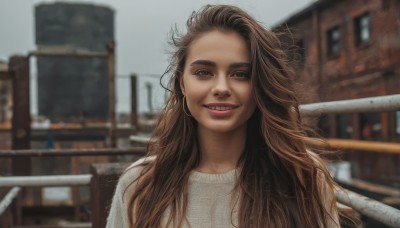 1girl,solo,long hair,looking at viewer,smile,brown hair,shirt,brown eyes,jewelry,upper body,earrings,outdoors,parted lips,teeth,day,grin,blurry,sweater,lips,depth of field,blurry background,building,messy hair,forehead,hoop earrings,realistic,railing,open mouth,floating hair,thick eyebrows,wind,portrait,nose,white sweater,photo background