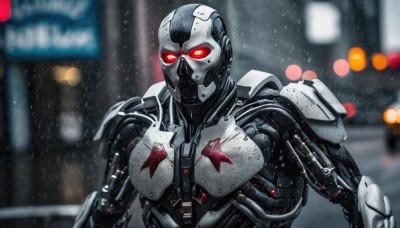 solo,red eyes,1boy,upper body,weapon,male focus,sword,armor,blurry,blurry background,glowing,helmet,robot,glowing eyes,science fiction,rain,city,police,cyborg,power armor,power suit,arm blade,looking at viewer,star (symbol),depth of field,realistic,android,cyberpunk