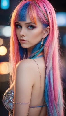 1girl,solo,long hair,breasts,looking at viewer,bangs,blue eyes,hair ornament,bare shoulders,jewelry,medium breasts,closed mouth,blue hair,swimsuit,upper body,pink hair,bikini,multicolored hair,earrings,looking back,blunt bangs,blurry,from side,two-tone hair,lips,looking to the side,eyelashes,makeup,depth of field,blurry background,gem,armlet,eyeshadow,realistic,nose,bokeh,mascara,artist name,streaked hair,strapless,watermark,expressionless,lipstick,web address,pink lips,eyeliner,pearl (gemstone)