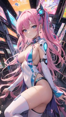 1girl,solo,long hair,breasts,looking at viewer,blush,bangs,blue eyes,large breasts,hair ornament,thighhighs,long sleeves,cleavage,twintails,jewelry,medium breasts,very long hair,closed mouth,blue hair,standing,pink hair,ass,thighs,multicolored hair,cowboy shot,earrings,detached sleeves,white thighhighs,leotard,two side up,streaked hair,covered navel,skindentation,headgear,highleg,expressionless,leg up,revealing clothes,skin tight,highleg leotard,white leotard,bare shoulders,from side,two-tone hair,sideboob,detached collar,cyberpunk,neon lights