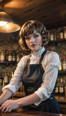 1girl,solo,looking at viewer,short hair,bangs,brown hair,shirt,long sleeves,dress,brown eyes,jewelry,white shirt,upper body,parted lips,indoors,mole,blurry,apron,lips,see-through,makeup,blurry background,wavy hair,ring,bottle,alcohol,curly hair,realistic,nose,bar (place),black apron,counter,breasts,blue eyes,green eyes,cup,lipstick,lamp,wine bottle,ceiling light