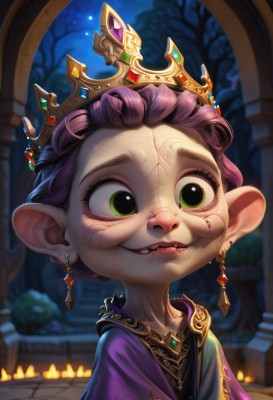 1girl,solo,looking at viewer,smile,short hair,dress,jewelry,green eyes,upper body,pink hair,purple hair,earrings,outdoors,parted lips,teeth,pointy ears,artist name,necklace,blurry,tree,lips,night,blurry background,crown,gem,portrait,forehead,veins,wide-eyed,candle,biting,lip biting,buck teeth,old woman,sky,hair bun,fangs,watermark,single hair bun,tiara,child,night sky,female child