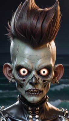 solo,looking at viewer,short hair,brown hair,red eyes,1boy,jewelry,collarbone,male focus,earrings,teeth,collar,colored skin,ocean,scar,piercing,spiked hair,ear piercing,portrait,scar on face,spikes,veins,wide-eyed,leather,stitches,spiked collar,zombie,horror (theme),mohawk,skull earrings,pointy ears,blood,clenched teeth,skull,realistic