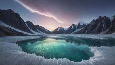 outdoors,sky,cloud,water,tree,no humans,night,cloudy sky,star (sky),nature,night sky,scenery,snow,forest,starry sky,reflection,sunset,mountain,river,landscape,mountainous horizon,lake,sunrise