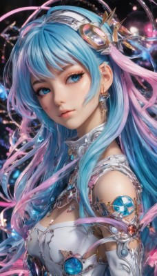 1girl,solo,long hair,breasts,looking at viewer,bangs,blue eyes,hair ornament,cleavage,bare shoulders,jewelry,medium breasts,closed mouth,blue hair,upper body,pink hair,multicolored hair,hairband,earrings,detached sleeves,from side,two-tone hair,lips,clothing cutout,eyelashes,gradient hair,makeup,gem,pink ribbon,realistic,nose,gloves,elbow gloves,artist name,white gloves,armor,looking to the side,headgear,armlet