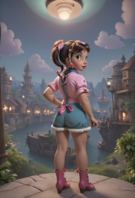 1girl,solo,long hair,looking at viewer,smile,brown hair,shirt,bow,brown eyes,jewelry,standing,full body,ponytail,ass,short sleeves,heart,earrings,boots,outdoors,sky,shorts,day,looking back,cloud,dark skin,water,from behind,black eyes,high heels,dark-skinned female,lips,hand on hip,fur trim,short shorts,makeup,night,moon,scrunchie,suspenders,high ponytail,denim,lipstick,building,child,denim shorts,pink shirt,nose,pink footwear,red lips,female child,ankle boots,overalls,purple footwear,bridge,castle,tower,suspender shorts,overall shorts,short hair,blue eyes,hair ornament,puffy sleeves,puffy short sleeves,blue shorts,lamppost,river