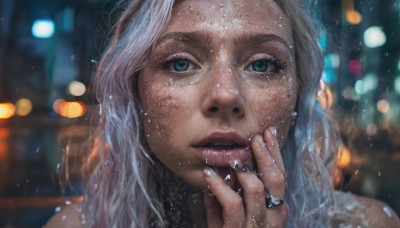 1girl,solo,long hair,looking at viewer,blue eyes,jewelry,white hair,grey hair,parted lips,blurry,lips,wet,eyelashes,depth of field,blurry background,ring,portrait,close-up,freckles,rain,water drop,realistic,nose,wet hair,bokeh,open mouth,bare shoulders,nail polish,night