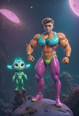 1girl,looking at viewer,short hair,brown hair,1boy,standing,full body,male focus,dark skin,armor,lips,bodysuit,muscular,glowing,thick thighs,abs,thick eyebrows,pectorals,robot,muscular male,bara,skin tight,clenched hands,science fiction,rock,muscular female,space,planet,biceps,alien,power armor,neon trim,smile,brown eyes,closed mouth,large pectorals