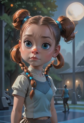 1girl,long hair,blue eyes,brown hair,shirt,hair ornament,1boy,navel,twintails,closed mouth,white shirt,upper body,braid,short sleeves,outdoors,sky,solo focus,midriff,pants,blurry,twin braids,tree,lips,night,blurry background,moon,blue shirt,child,night sky,forehead,full moon,freckles,nose,female child,midriff peek,lamppost,street,crosswalk,solo,breasts,looking at viewer,blush,skirt,small breasts,hair bun,double bun,short twintails