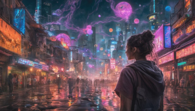 1girl, black hair, outdoors, sky, solo focus, hood, hair bun, from behind, night, single hair bun, hood down, building, scenery, smoke, science fiction, rain, city, sign, realistic, road, cityscape, street, city lights, cyberpunk, neon lights