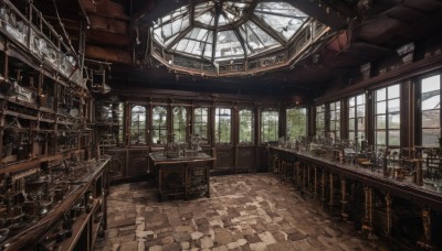 day,indoors,tree,no humans,window,chair,table,sunlight,building,scenery,wooden floor,stairs,railing,architecture,ruins,bridge,gears,chandelier,plant,candlestand