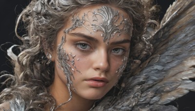 1girl,solo,long hair,looking at viewer,blonde hair,simple background,brown hair,jewelry,earrings,parted lips,wings,lips,grey eyes,eyelashes,wavy hair,feathers,black background,portrait,feathered wings,freckles,curly hair,realistic,white wings,closed mouth,grey hair,expressionless,close-up,nose