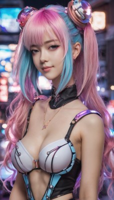 1girl,solo,long hair,breasts,looking at viewer,smile,bangs,hair ornament,cleavage,bare shoulders,twintails,jewelry,medium breasts,blue hair,collarbone,upper body,pink hair,multicolored hair,earrings,necklace,blurry,black eyes,two-tone hair,lips,grey eyes,makeup,blurry background,realistic,nose,blue eyes,closed mouth,underwear,sidelocks,artist name,signature,bra,eyelashes,gradient hair,detached collar,depth of field,headgear,watermark,light smile,web address,eyeshadow,white bra,eyeliner