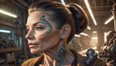 1girl,solo,short hair,blue eyes,brown hair,jewelry,earrings,parted lips,indoors,hair bun,blurry,lips,blurry background,single hair bun,robot,portrait,science fiction,realistic,nose,android,cyborg,hair pulled back,cyberpunk,mechanical parts,signature,eyelashes,makeup,machinery,updo,earpiece