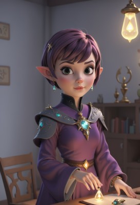 1girl,solo,breasts,looking at viewer,blush,smile,short hair,bangs,brown hair,hair ornament,long sleeves,dress,jewelry,closed mouth,green eyes,upper body,purple hair,earrings,pointy ears,indoors,wide sleeves,armor,blurry,bracelet,lips,book,makeup,blurry background,swept bangs,chair,table,ring,elf,shoulder armor,gem,purple dress,freckles,crystal,paper,bookshelf,lamp,artist name