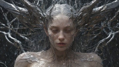 1girl,solo,long hair,looking at viewer,closed mouth,closed eyes,upper body,white hair,grey hair,nude,parted lips,lips,wet,portrait,facing viewer,realistic,red lips,collarbone,horns,pointy ears,grey eyes,eyelashes,half-closed eyes,black background,rain,dragon horns,dragon girl,scales,straight-on,multiple horns