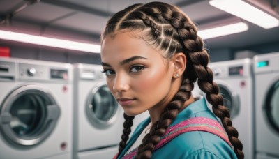 1girl,solo,long hair,looking at viewer,smile,brown hair,brown eyes,jewelry,closed mouth,upper body,braid,earrings,indoors,dark skin,blurry,twin braids,from side,dark-skinned female,lips,blurry background,piercing,forehead,realistic,nose,stud earrings,multiple braids,black hair,looking to the side,makeup,portrait,washing machine