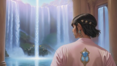 1girl,solo,short hair,shirt,black hair,hair ornament,1boy,jewelry,upper body,earrings,outdoors,day,dark skin,water,from behind,black eyes,dark-skinned female,profile,dark-skinned male,pink shirt,mountain,pillar,waterfall,column,fountain,male focus,sky,science fiction,realistic