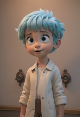 solo,looking at viewer,smile,open mouth,blue eyes,shirt,1boy,blue hair,white shirt,male focus,parted lips,open clothes,teeth,belt,indoors,child,sleeves rolled up,freckles,male child,1girl,short hair,jacket,upper body,shorts,pants,artist name,watermark