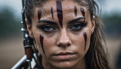 1girl,solo,long hair,looking at viewer,brown hair,1boy,brown eyes,jewelry,closed mouth,weapon,earrings,sword,blurry,lips,wet,eyelashes,depth of field,blurry background,scar,facial mark,piercing,portrait,close-up,realistic,nose,wet hair,facepaint,sweat,dark skin,freckles