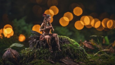 1girl,solo,long hair,breasts,skirt,blonde hair,brown hair,hair ornament,bare shoulders,jewelry,medium breasts,sitting,braid,outdoors,barefoot,dark skin,necklace,blurry,bracelet,dark-skinned female,depth of field,blurry background,sandals,grass,feathers,plant,instrument,nature,scenery,armband,armlet,lantern,rock,anklet,music,headdress,feather hair ornament,bokeh,tribal,sitting on rock,flower