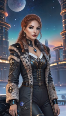 1girl,solo,long hair,breasts,looking at viewer,brown hair,long sleeves,cleavage,brown eyes,jewelry,medium breasts,standing,jacket,braid,cowboy shot,earrings,outdoors,open clothes,sky,choker,belt,pants,necklace,nail polish,lips,coat,fur trim,makeup,night,black pants,moon,lipstick,brooch,ground vehicle,gem,star (sky),night sky,motor vehicle,forehead,full moon,pendant,eyeshadow,zipper,starry sky,fur collar,nose,red lips,eyeliner,artist name,black nails,realistic