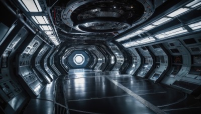 no humans,scenery,machinery,reflection,science fiction,cable,spacecraft,cockpit,machine,indoors,robot,realistic