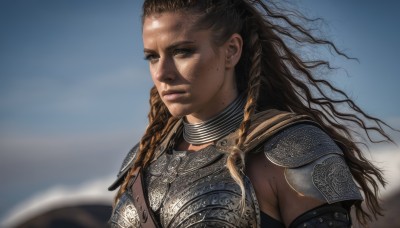 1girl,solo,long hair,looking at viewer,brown hair,brown eyes,closed mouth,upper body,braid,outdoors,choker,day,dark skin,armor,blurry,twin braids,dark-skinned female,lips,blurry background,shoulder armor,freckles,curly hair,pauldrons,breastplate,realistic,nose,side braids,dreadlocks,gorget,chainmail,multiple braids,black hair,sky,mole,forehead,shield