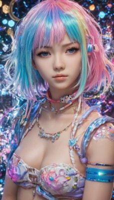 1girl,solo,breasts,looking at viewer,short hair,bangs,blue eyes,blonde hair,hair ornament,cleavage,jewelry,medium breasts,closed mouth,underwear,blue hair,collarbone,upper body,pink hair,multicolored hair,choker,shiny,artist name,necklace,bra,two-tone hair,lips,streaked hair,eyelashes,aqua hair,tattoo,makeup,gem,armlet,eyeshadow,pink lips,realistic,nose,mascara,bare shoulders,open clothes,star (symbol),blurry,collar,watermark,expressionless,piercing,bob cut,animal print,armband,web address,light particles,pendant,freckles,white bra,arms at sides,eyeliner,bokeh,print bra,fish print