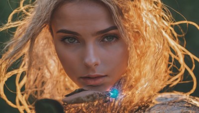 1girl,solo,long hair,looking at viewer,blonde hair,simple background,closed mouth,green eyes,dark skin,armor,dark-skinned female,lips,grey eyes,eyelashes,floating hair,wavy hair,expressionless,gem,portrait,close-up,forehead,curly hair,realistic,nose,jewelry,parted lips,blurry