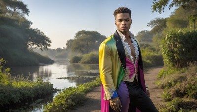 HQ,solo,looking at viewer,short hair,brown hair,shirt,long sleeves,1boy,brown eyes,jewelry,closed mouth,standing,jacket,male focus,cowboy shot,outdoors,open clothes,day,pants,dark skin,water,vest,tree,lips,looking to the side,tattoo,facial hair,black pants,dark-skinned male,plant,nature,scenery,forest,reflection,realistic,arms at sides,lake,frills,sky,cape,ring,grass,river