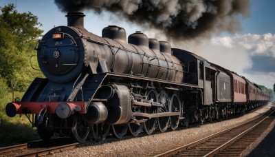 weapon,outdoors,sky,day,cloud,tree,gun,military,no humans,ground vehicle,motor vehicle,forest,smoke,cannon,military vehicle,tank,vehicle focus,machine gun,caterpillar tracks,world war ii,blue sky,grass,nature,realistic,damaged,train,railroad tracks