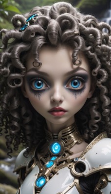 1girl,solo,long hair,looking at viewer,blue eyes,brown hair,black hair,hair ornament,jewelry,closed mouth,upper body,outdoors,parted lips,day,artist name,signature,dark skin,armor,blurry,dark-skinned female,lips,eyelashes,makeup,depth of field,blurry background,facial mark,expressionless,lipstick,gem,portrait,close-up,eyeshadow,curly hair,nose,red lips,straight-on,cyborg,mascara,dreadlocks,gorget,wide-eyed,eyeliner,facepaint