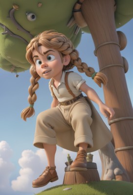 1girl,solo,long hair,smile,open mouth,brown hair,shirt,twintails,green eyes,full body,white shirt,braid,short sleeves,outdoors,parted lips,sky,shoes,teeth,day,collared shirt,belt,pants,cloud,twin braids,tree,blue sky,brown footwear,thick eyebrows,suspenders,grass,child,freckles,female child,overalls,blue eyes,blonde hair,artist name,hair tie,barrel,tree stump