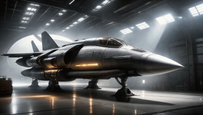 HQ,indoors,signature,military,no humans,reflection,science fiction,realistic,aircraft,military vehicle,airplane,vehicle focus,spacecraft,lights,jet,fighter jet,window,robot,scenery,cockpit