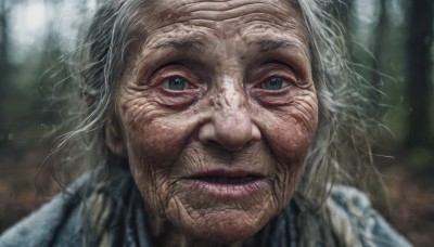 1girl,solo,long hair,looking at viewer,open mouth,blue eyes,1boy,white hair,grey hair,male focus,parted lips,teeth,blurry,lips,depth of field,blurry background,portrait,close-up,realistic,old,old man,old woman,wrinkled skin,closed mouth,grey eyes