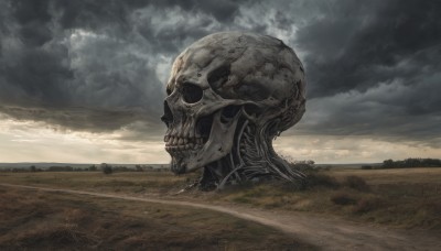 solo,outdoors,sky,teeth,day,cloud,from side,no humans,cloudy sky,grass,scenery,1other,science fiction,skull,monster,realistic,road,field,skeleton,alien,bone,desert