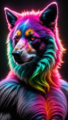 solo,looking at viewer,simple background,red eyes,closed mouth,upper body,pokemon (creature),no humans,black background,portrait,furry,realistic,animal focus,wolf,colorful,animal ears,signature,animal