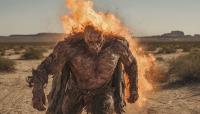 solo,looking at viewer,red eyes,1boy,standing,male focus,cowboy shot,outdoors,teeth,cape,blurry,torn clothes,muscular,blurry background,fire,glowing eyes,smoke,monster,sky,pants,blood,glowing,facial hair,beard,clenched hands,topless male,sand,chest hair,desert,dust