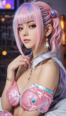 1girl,solo,long hair,breasts,looking at viewer,bangs,blue eyes,hair ornament,cleavage,bare shoulders,jewelry,medium breasts,underwear,upper body,ponytail,pink hair,multicolored hair,earrings,parted lips,hand up,bra,blurry,bracelet,lips,grey eyes,makeup,blurry background,ring,gem,realistic,pink bra,short hair,closed mouth,sidelocks,artist name,blunt bangs,necklace,off shoulder,nail polish,black eyes,from side,streaked hair,fingernails,looking to the side,eyelashes,pink nails,eyeshadow,pink lips,nose